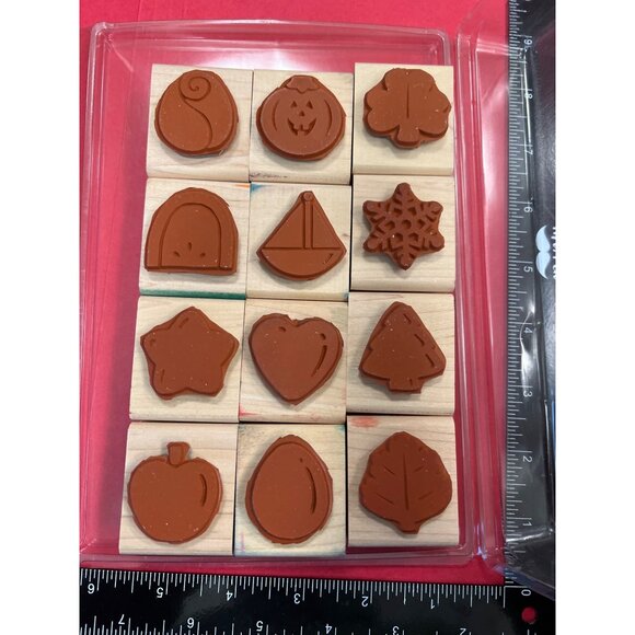 Vintage 1997 Stampin Up! Seasonal Solids Wood Mounted Rubber Stamp Set Of 12 - Picture 3 of 3